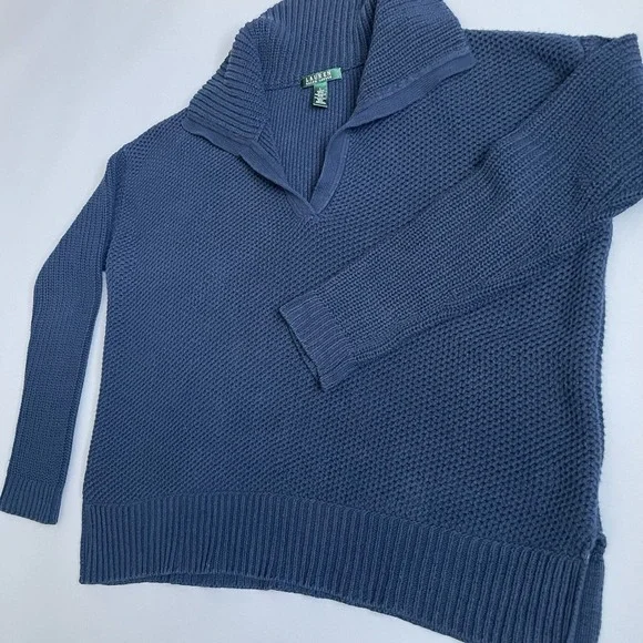 Lauren‎ Ralph Lauren Shawl Collar Fisherman Knit Sweater Navy Blue Size L Large - Picture 15 of 16